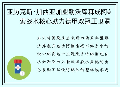 亚历克斯·加西亚加盟勒沃库森成阿隆索战术核心助力德甲双冠王卫冕