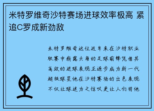米特罗维奇沙特赛场进球效率极高 紧追C罗成新劲敌 米特罗维奇沙特赛场进球效率极高 紧追C罗成新劲敌