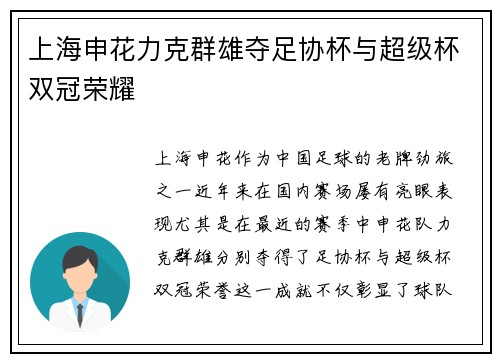 上海申花力克群雄夺足协杯与超级杯双冠荣耀