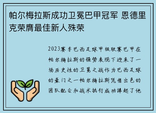帕尔梅拉斯成功卫冕巴甲冠军 恩德里克荣膺最佳新人殊荣 帕尔梅拉斯成功卫冕巴甲冠军 恩德里克荣膺最佳新人殊荣